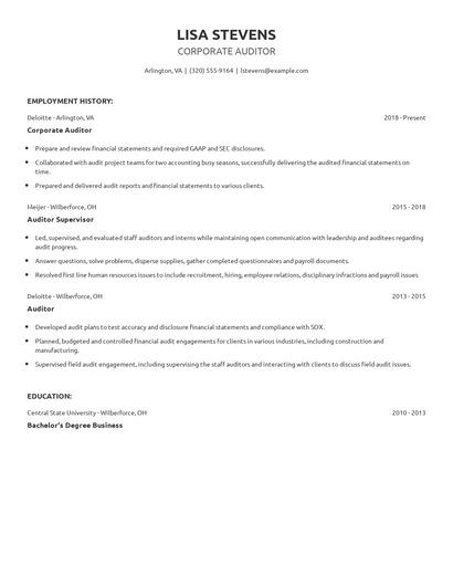 Corporate Auditor Resume