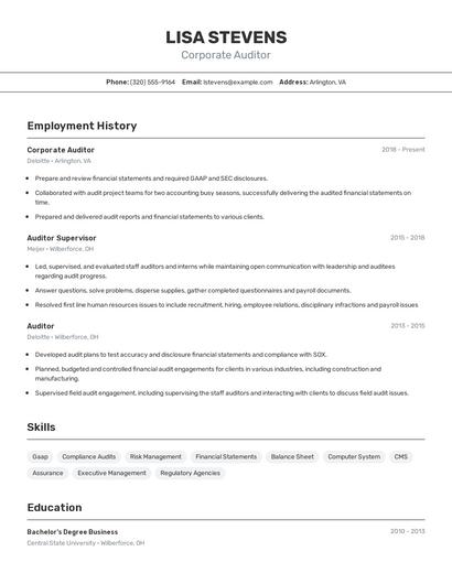 Corporate Auditor Resume