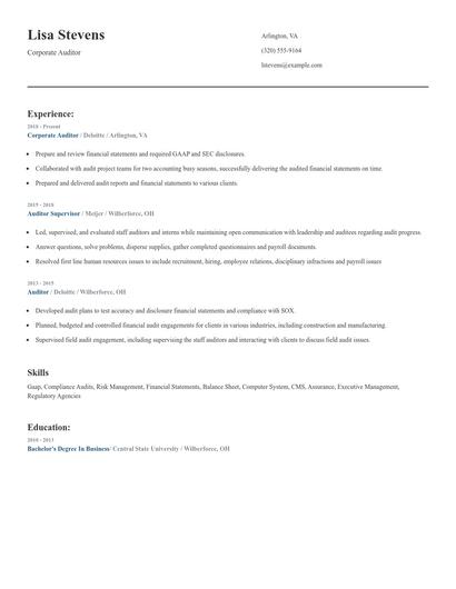 Corporate Auditor Resume