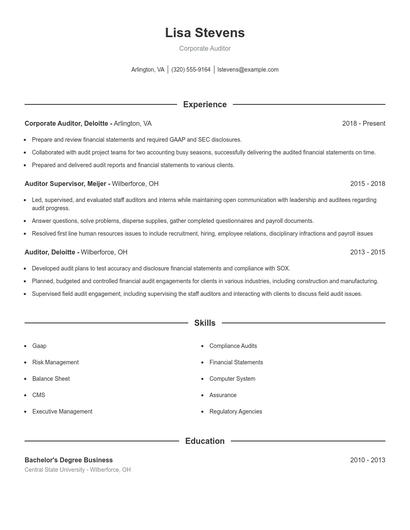 Corporate Auditor Resume