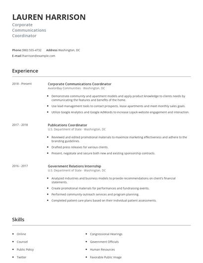 Corporate Communications Coordinator Resume