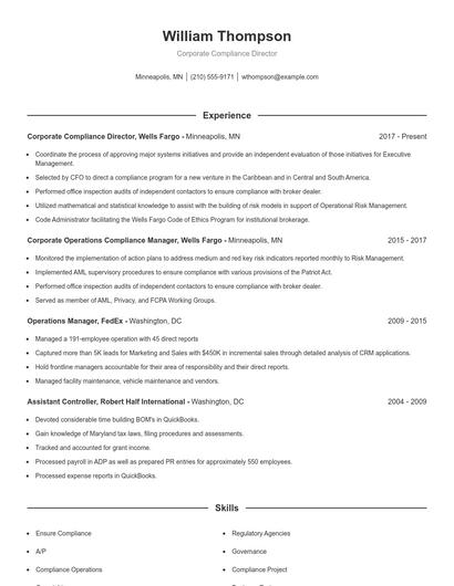 Corporate Compliance Director Resume