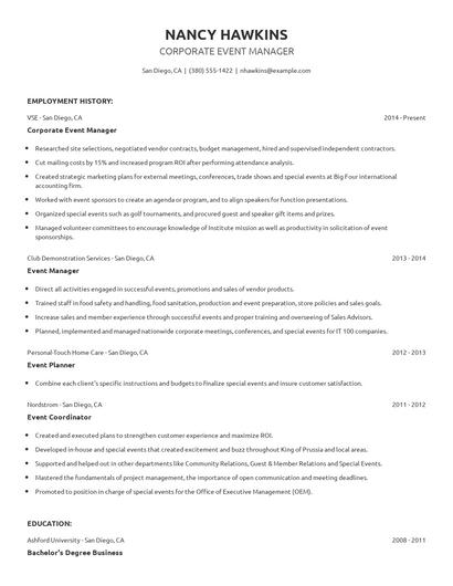 Corporate Event Manager Resume