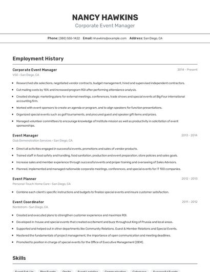 Corporate Event Manager Resume
