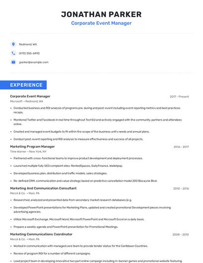 Corporate Event Manager Resume