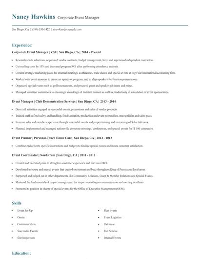 Corporate Event Manager Resume