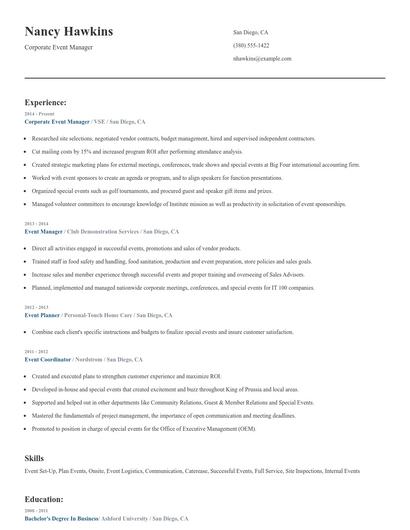 Corporate Event Manager Resume