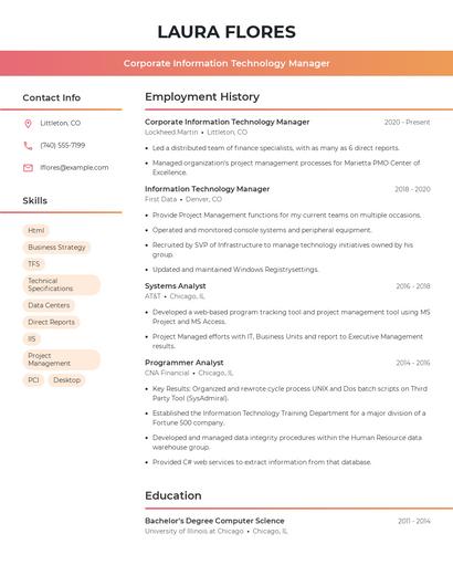 Corporate Information Technology Manager Resume