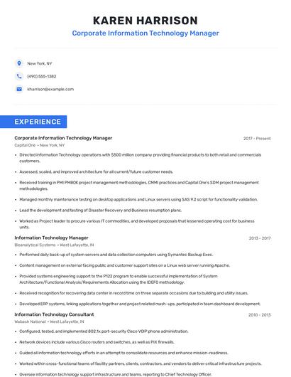Corporate Information Technology Manager Resume
