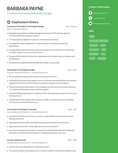 Corporate Information Technology Manager Resume