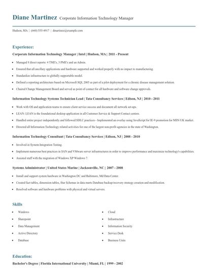 Corporate Information Technology Manager Resume