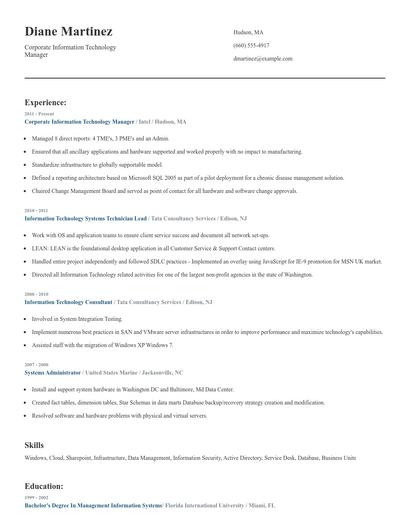 Corporate Information Technology Manager Resume
