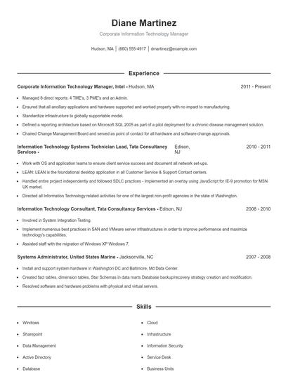 Corporate Information Technology Manager Resume