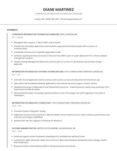 Corporate Information Technology Manager Resume