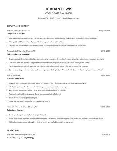 Corporate Manager Resume