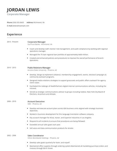 Corporate Manager Resume
