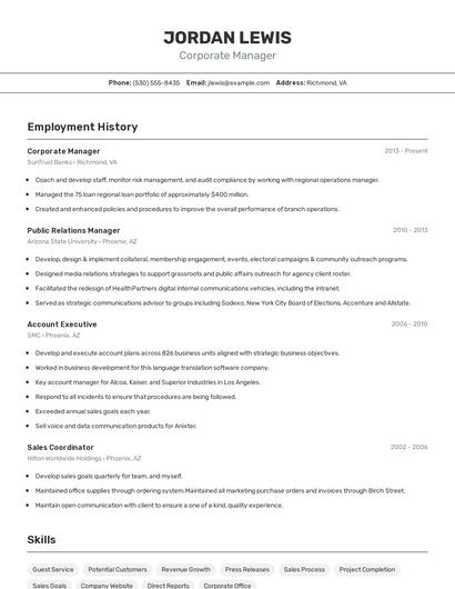 Corporate Manager Resume