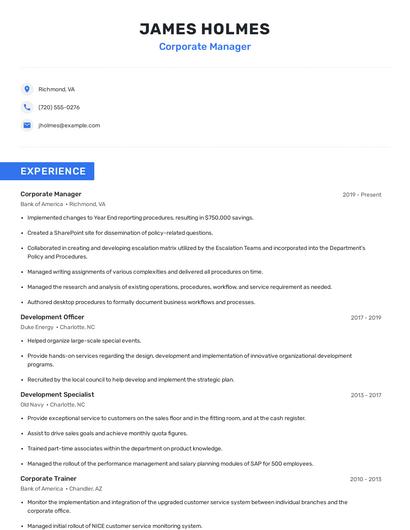 Corporate Manager Resume