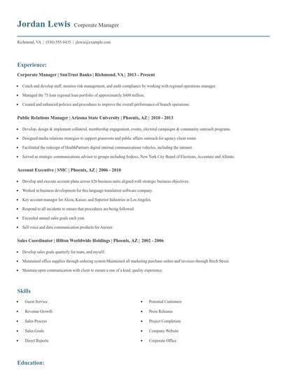 Corporate Manager Resume