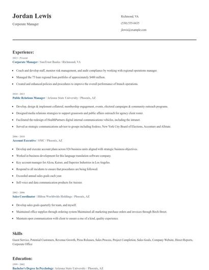 Corporate Manager Resume