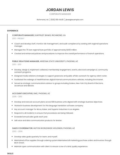 Corporate Manager Resume