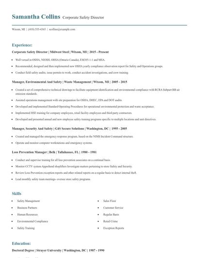 Corporate Safety Director Resume