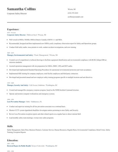 Corporate Safety Director Resume