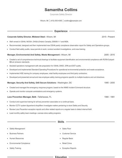 Corporate Safety Director Resume
