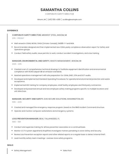 Corporate Safety Director Resume