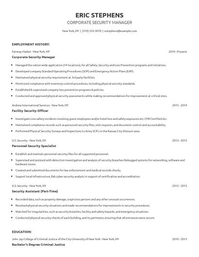 Corporate Security Manager Resume