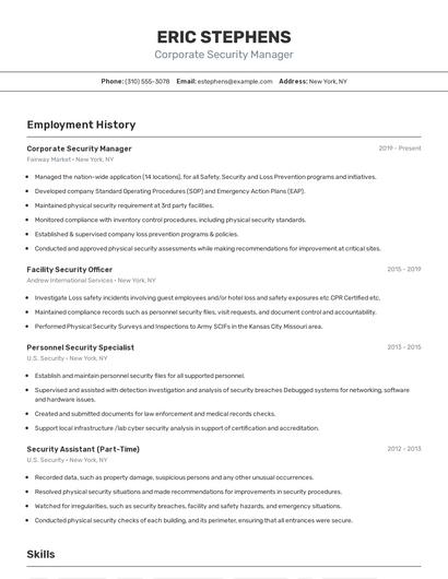 Corporate Security Manager Resume