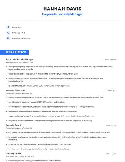 Corporate Security Manager Resume