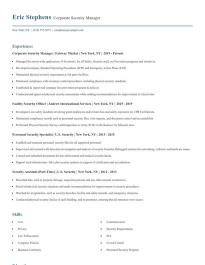 Corporate Security Manager Resume