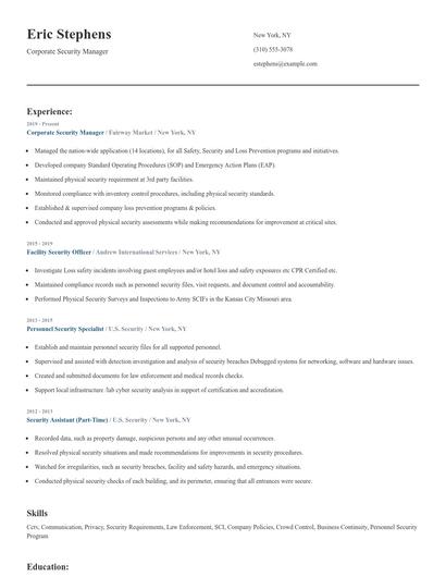 Corporate Security Manager Resume