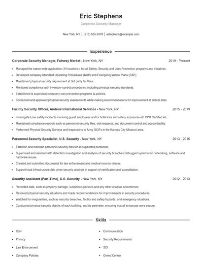 Corporate Security Manager Resume
