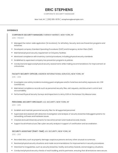 Corporate Security Manager Resume