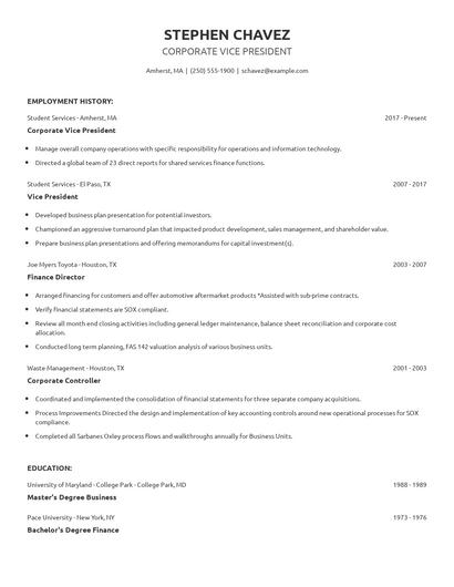 Corporate Vice President Resume