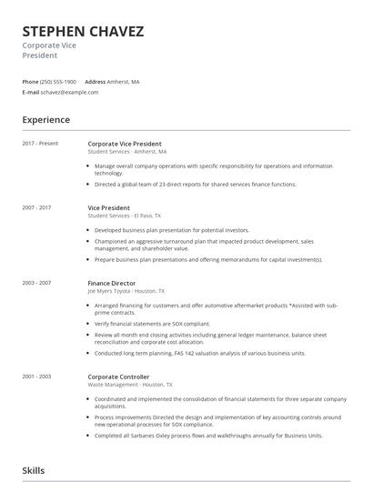 Corporate Vice President Resume