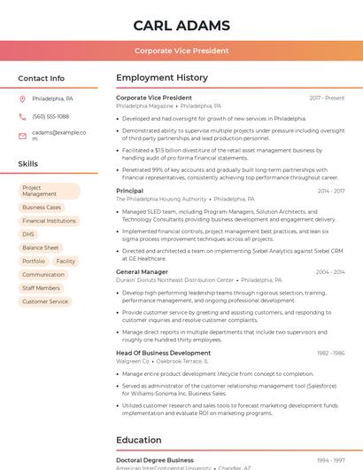 Corporate Vice President Resume