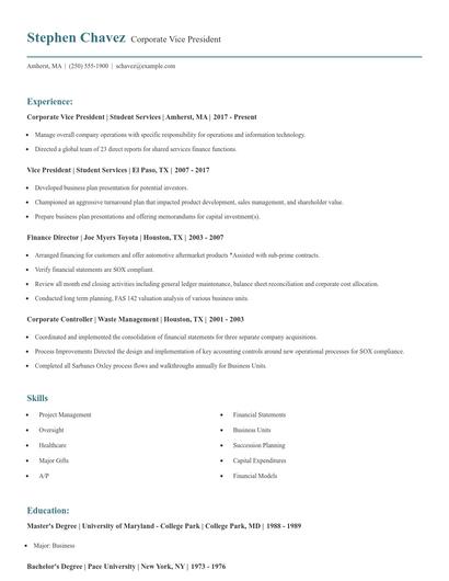 Corporate Vice President Resume