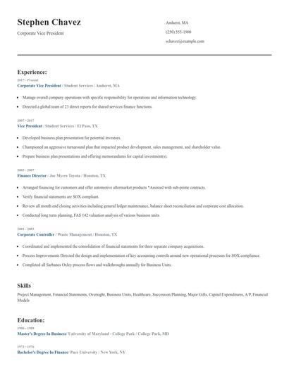 Corporate Vice President Resume