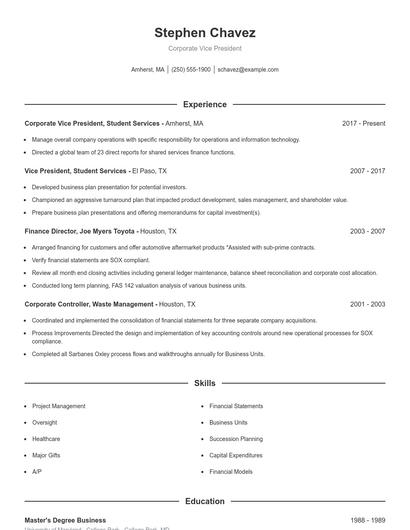 Corporate Vice President Resume