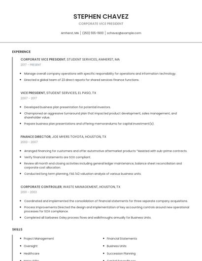 Corporate Vice President Resume