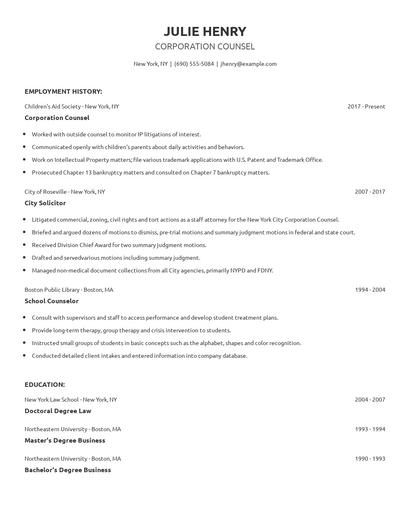 Corporation Counsel Resume