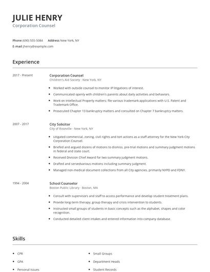 Corporation Counsel Resume