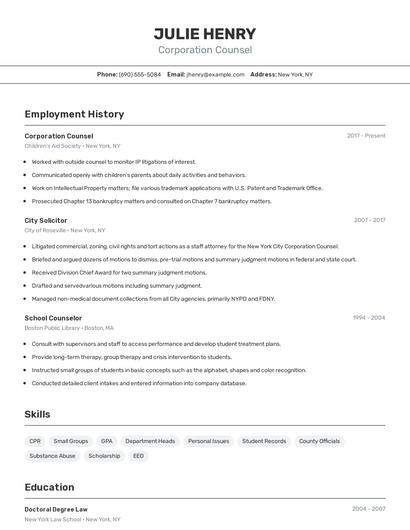 Corporation Counsel Resume