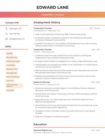 Corporation Counsel Resume