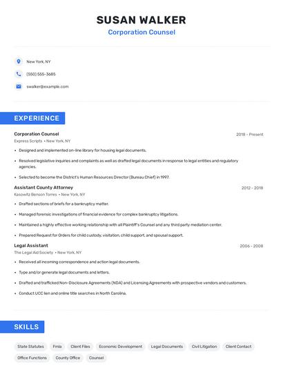 Corporation Counsel Resume