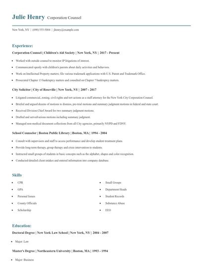 Corporation Counsel Resume