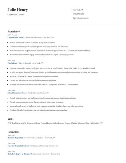 Corporation Counsel Resume